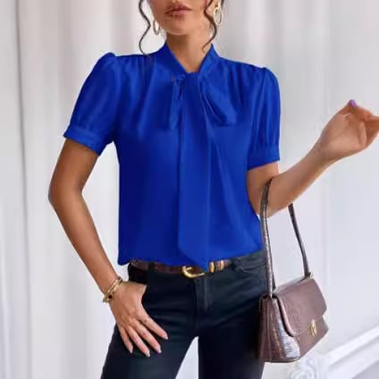 Tricouri cu mânecă scurtă, cu șireturi, de culoare solidă, pentru femei, transfrontaliere europene și americane, cu nod, la modă, versatile, elegante, la modă și casual