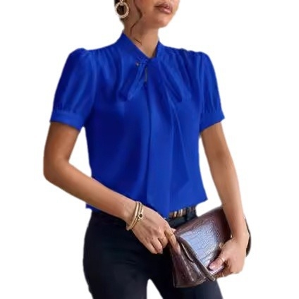 Europietiškos ir amerikietiškos moteriškos marškiniai su raišteliais, vienspalviai, trumpomis rankovėmis, su kaklaraiščiu, madingi, universalūs, elegantiški, madingi ir kasdieniški