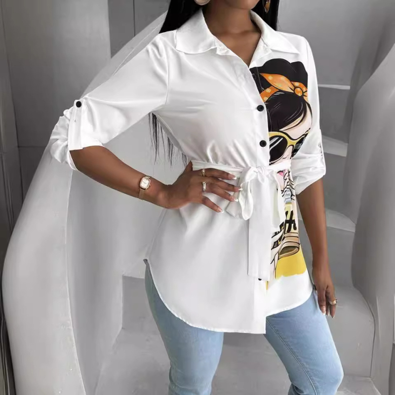 M-0011 Euroopa ja Ameerika koomiksitrükiga tüdrukute särk (vööga)