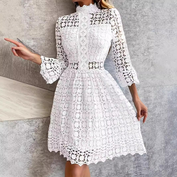 Ženska bijela haljina Mini haljina s čipkom i rupicama, volanima i rubom, za vjenčanje, koktel haljina