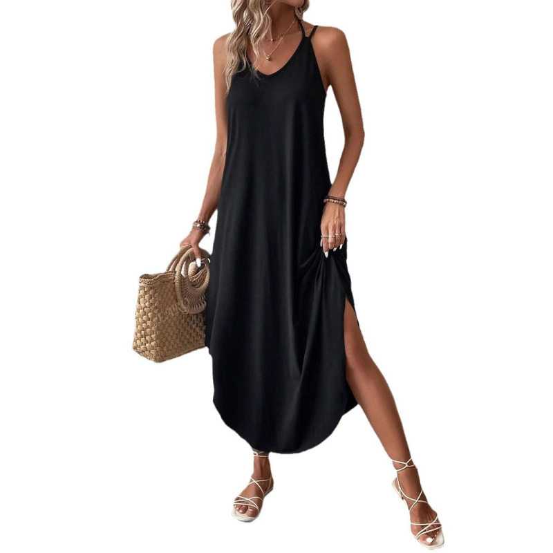 Nezavisna stanica 2024 Prekogranična europska i američka nova ženska jednobojna duga haljina s remenom, ovratnikom i V-izrezom