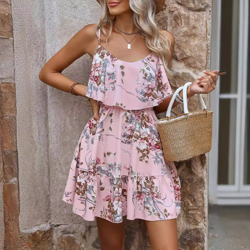 Ženska mini haljina A tipa "pendul", dvoslojna, s volanima, otvorenim strukom i otvorenim ramenima