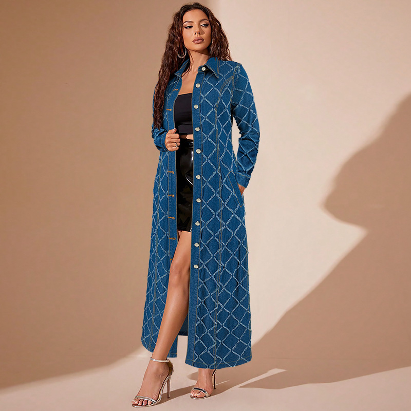 Tarpvalstybiniai Europos ir Amerikos moteriški drabužiai „Amazon“ rudens ir žiemos nauji mados atlapai su languotais kutais, ilgas megztinis su džinsiniu švarku