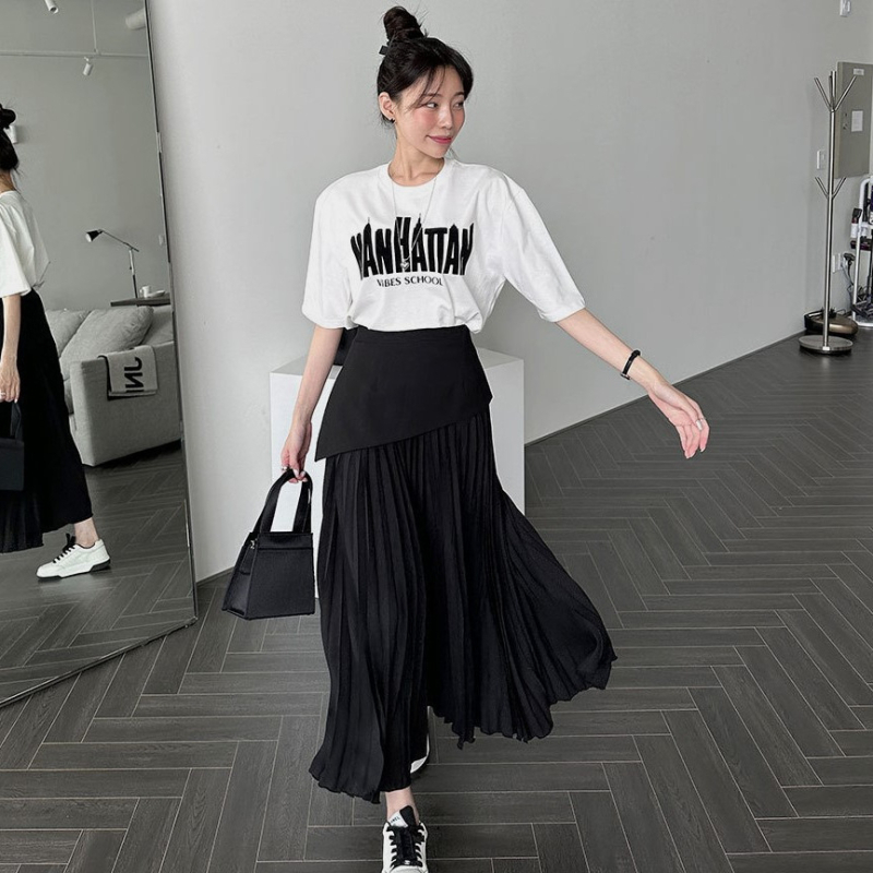 Južnokorejska nova francuska stilska plisirana suknja za ranu jesen 2025., kontrastna plisirana suknja visokog struka, svestrana duga suknja za žene