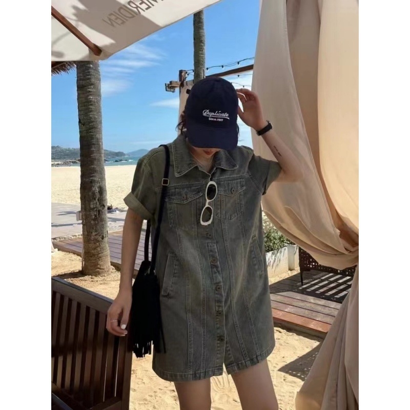 Nova retro polo ovratnik traper haljina malog dizajna, široka majica za mršavljenje za žene, ljeto i jesen 2024.