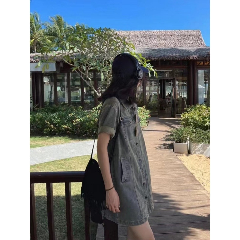 Nova retro polo ovratnik traper haljina malog dizajna, široka majica za mršavljenje za žene, ljeto i jesen 2024.