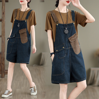 2024. gada vasaras jauni, plus izmēra, vaļīgi džinsa šorti ar siksniņām, sieviešu rietumu stila platas kājas, ar miesu pārklāts korejiešu stila kombinezons