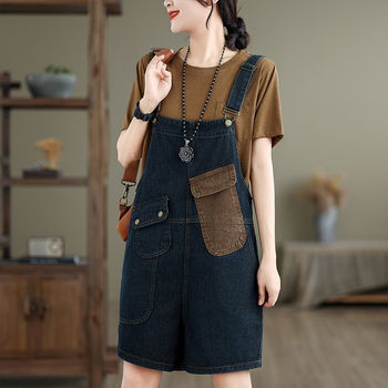 2024. gada vasaras jauni, plus izmēra, vaļīgi džinsa šorti ar siksniņām, sieviešu rietumu stila platas kājas, ar miesu pārklāts korejiešu stila kombinezons