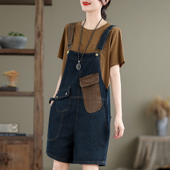 2024. gada vasaras jauni, plus izmēra, vaļīgi džinsa šorti ar siksniņām, sieviešu rietumu stila platas kājas, ar miesu pārklāts korejiešu stila kombinezons