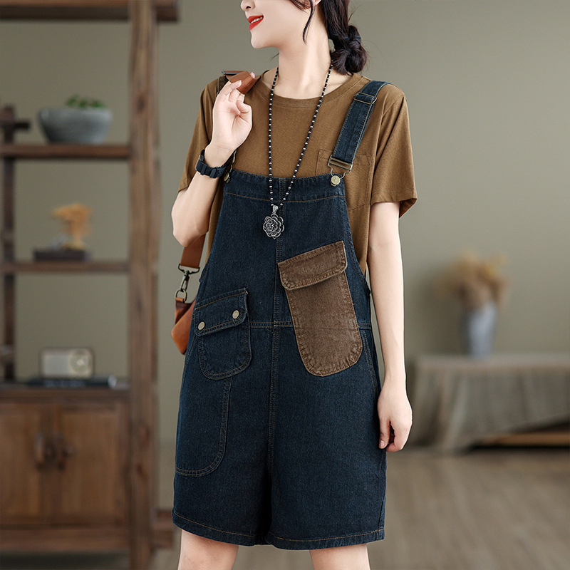 2024. gada vasaras jauni, plus izmēra, vaļīgi džinsa šorti ar siksniņām, sieviešu rietumu stila platas kājas, ar miesu pārklāts korejiešu stila kombinezons