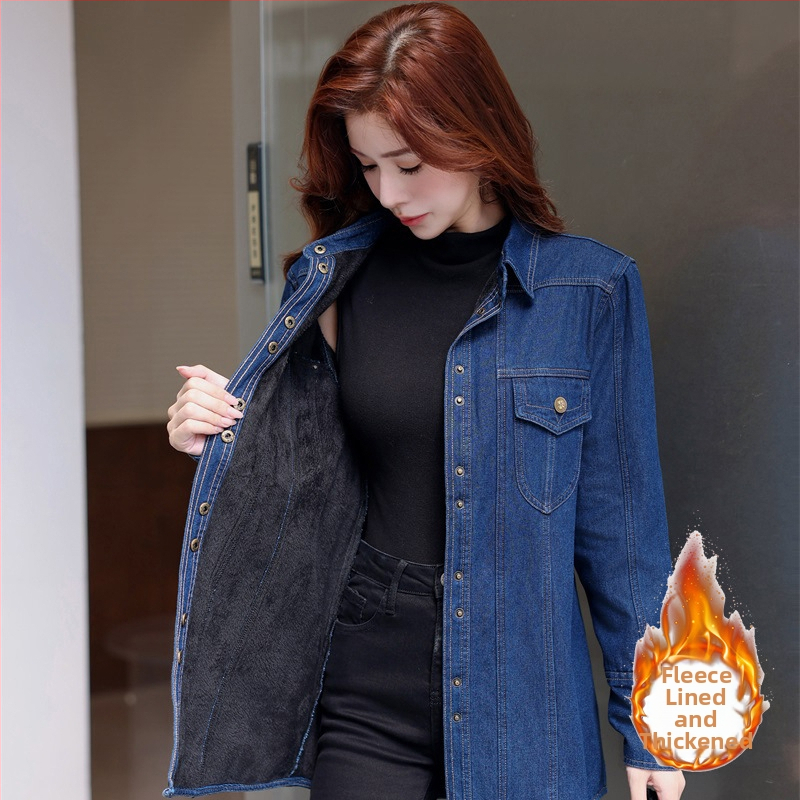 Нова, широка, топла, стягаща дънкова риза със средна дължина и подплата от полар, есен и зима 2024 г.