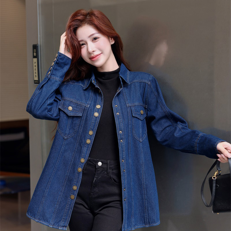 Nova široka, topla traper košulja srednje duljine s flis podstavom za jesen i zimu 2024. za žene