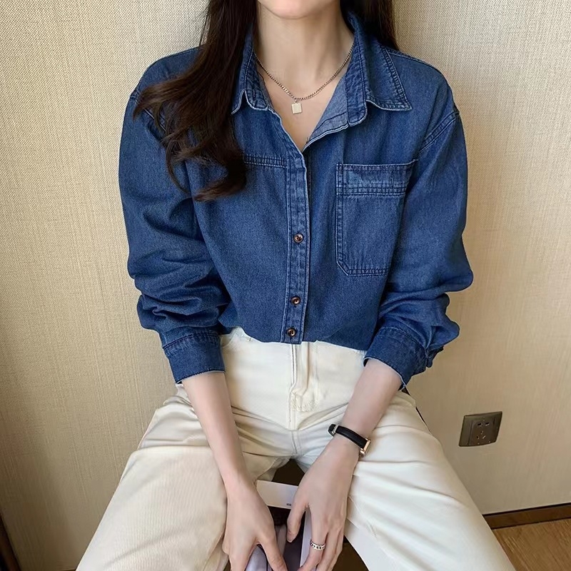 Tricou albastru european din denim de primăvară cu mânecă lungă retro cămașă interioară stratificată casual jachetă lejeră