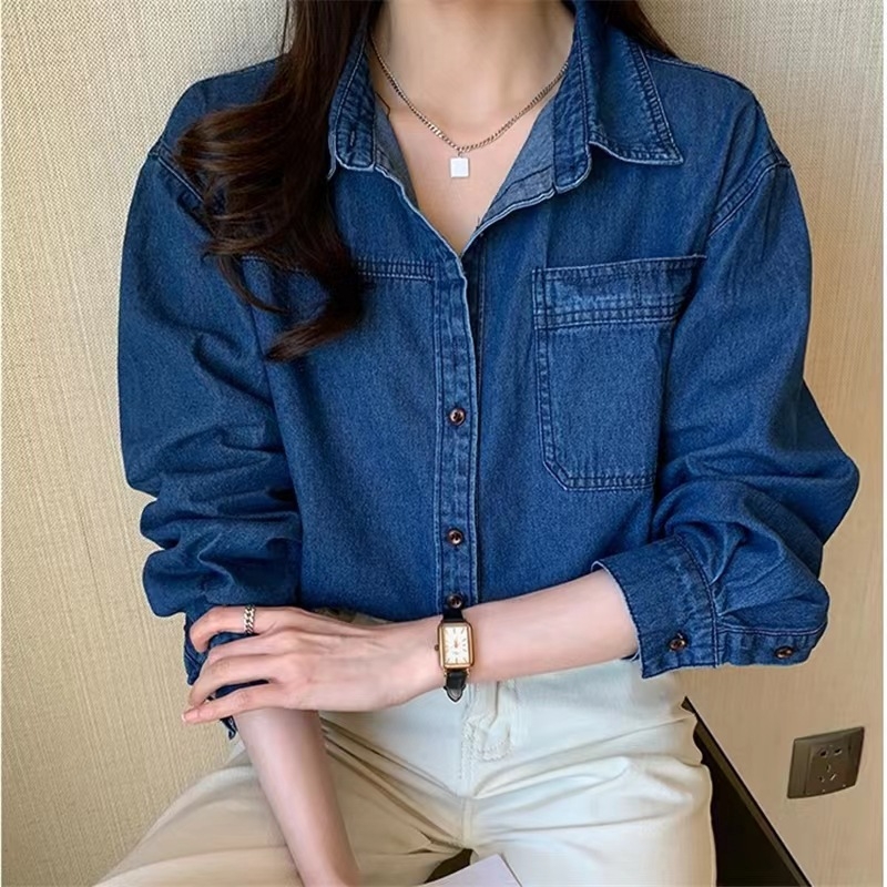 Tricou albastru european din denim de primăvară cu mânecă lungă retro cămașă interioară stratificată casual jachetă lejeră