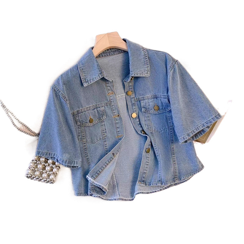 Trumpomis rankovėmis džinsinis paltas moterims, vasarinis plonas 2024 m. naujas laisvas, visų rungtynių trumpas marškinėlių švarkas