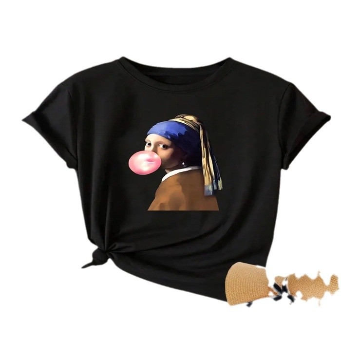 Moteriški vasariniai marškinėliai su raštu, madingi laisvalaikio stiliaus, mieli trumpomis rankovėmis, moteriški marškinėliai su akių raštu, trumpomis rankovėmis. Yra sandėlyje.