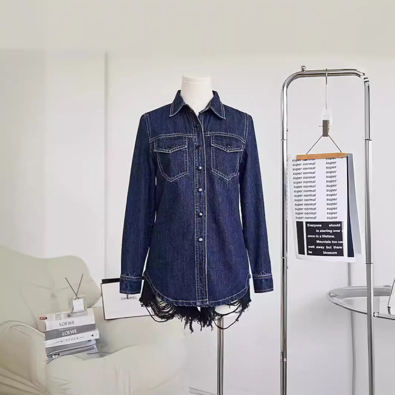 Nova plava traper košulja za žene, proljetno-jesenska, s uzorkom, mala, preoblikovana, u drevnom hongkonškom stilu