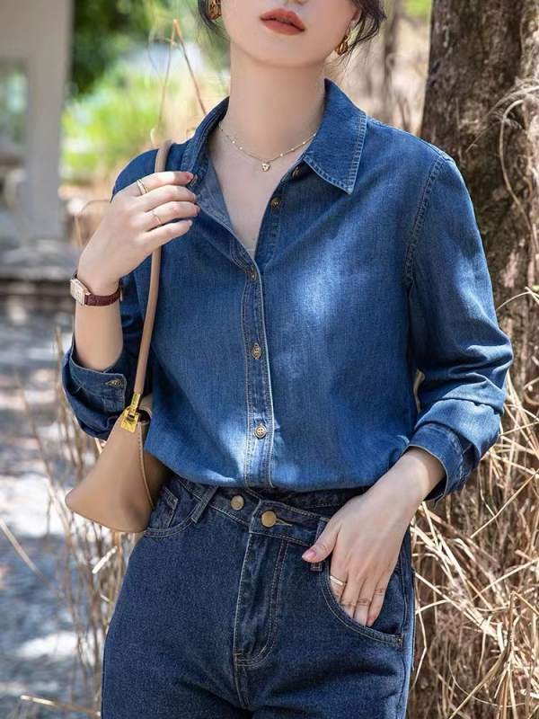 Tamnoplava mekana traper košulja za žene, jesensko-zimska, s dugim rukavima i malim ramenom