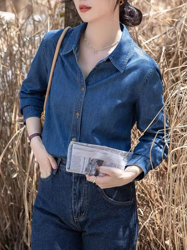 Tamnoplava mekana traper košulja za žene, jesensko-zimska, s dugim rukavima i malim ramenom