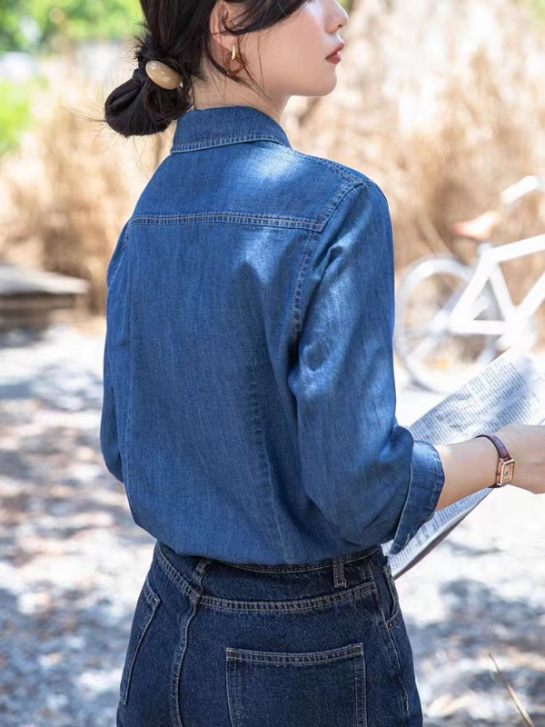 Tamnoplava mekana traper košulja za žene, jesensko-zimska, s dugim rukavima i malim ramenom