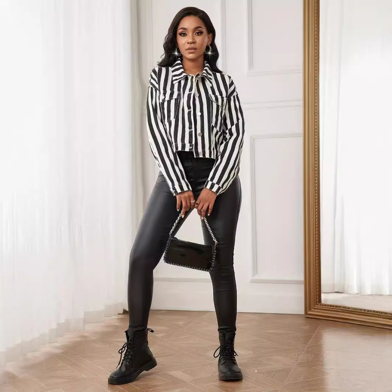 2024 m. pavasario ir rudens nauji džinsiniai laisvi patogūs dryžuoti marškiniai moteriški ilgomis rankovėmis laisvalaikio stiliaus universalūs viršutiniai Honkongo stiliaus švarkai