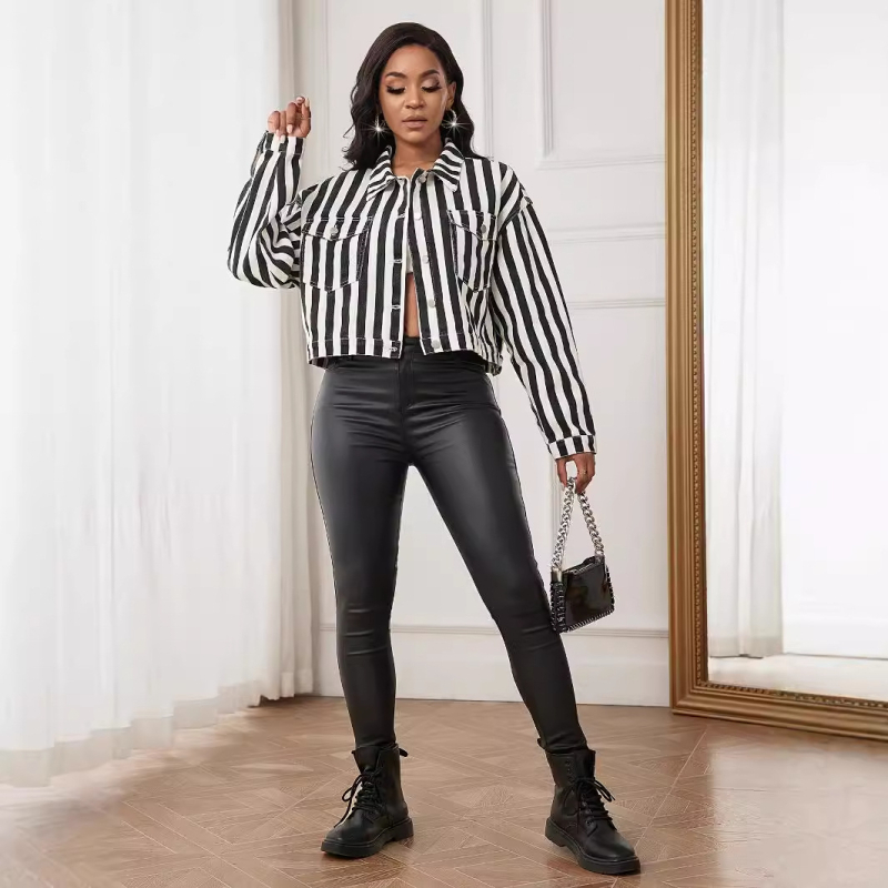 2024 m. pavasario ir rudens nauji džinsiniai laisvi patogūs dryžuoti marškiniai moteriški ilgomis rankovėmis laisvalaikio stiliaus universalūs viršutiniai Honkongo stiliaus švarkai