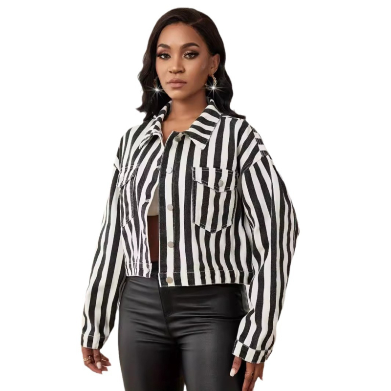 2024 m. pavasario ir rudens nauji džinsiniai laisvi patogūs dryžuoti marškiniai moteriški ilgomis rankovėmis laisvalaikio stiliaus universalūs viršutiniai Honkongo stiliaus švarkai