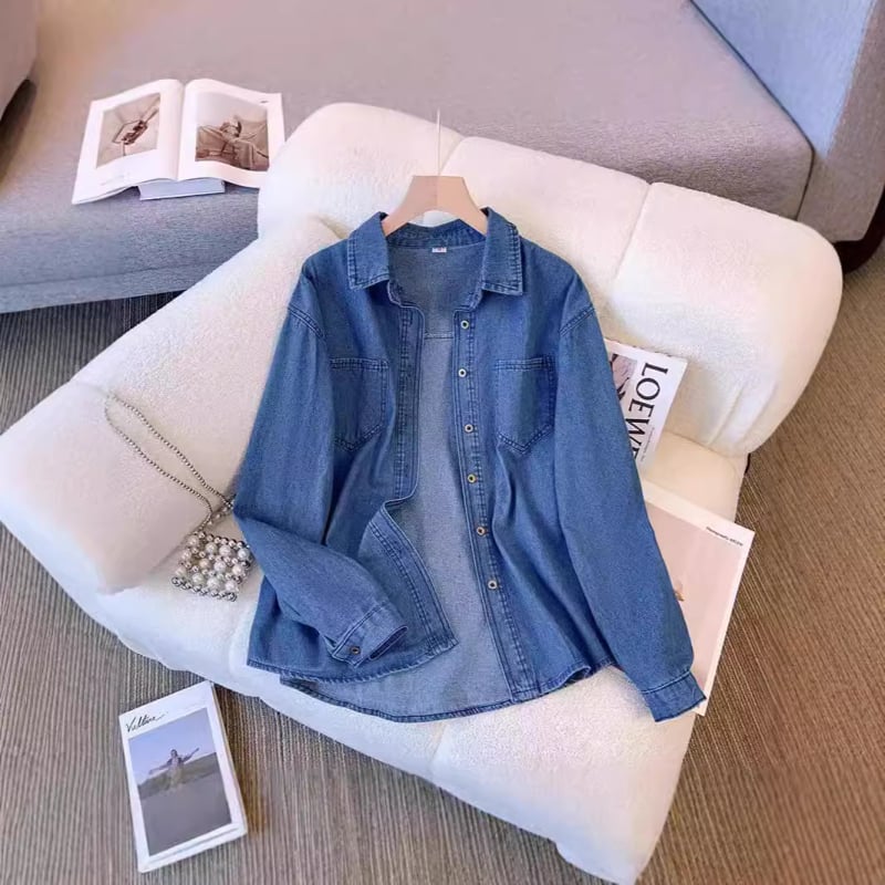 Femeii cămașă din denim vintage în stil Hong Kong, primăvara și toamna, cu mâneci lungi, jachetă din denim, stil vintage, stil Hong Kong