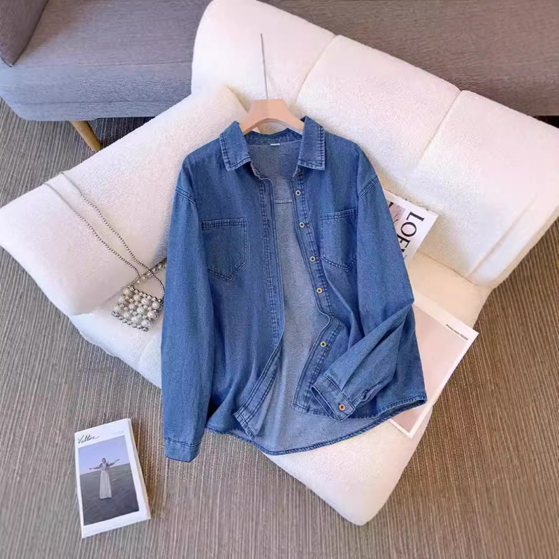 Honkongo stiliaus vintažiniai džinsiniai marškiniai, moteriški pavasario ir rudens stiliaus marškiniai su viršutine dalimi, nauji laisvi, universalūs džinsiniai marškiniai-švarkai