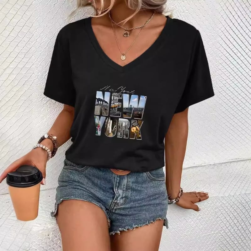 2024 Noutate Top imprimat pentru femei cu mânecă scurtă și decolteu în V, stil european și american, în stoc AliExpress TEMU Amazon Independent Station