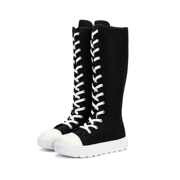 Liela izmēra sieviešu apavi Cross Border 2025. gada pavasara vienkārši gari, līdz ceļgaliem sniedzoši zābaki, jaunas, augstas augšdaļas, siksniņas ar rāvējslēdzēju sānos, audekla kurpes