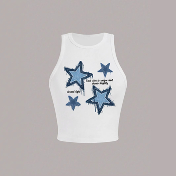 Moteriška laisvalaikio minimalistinė žvaigždės rašto apvalios kaklo aptempta trumpa liemenė vasarai be rankovių „Spice Girl“ liemenė