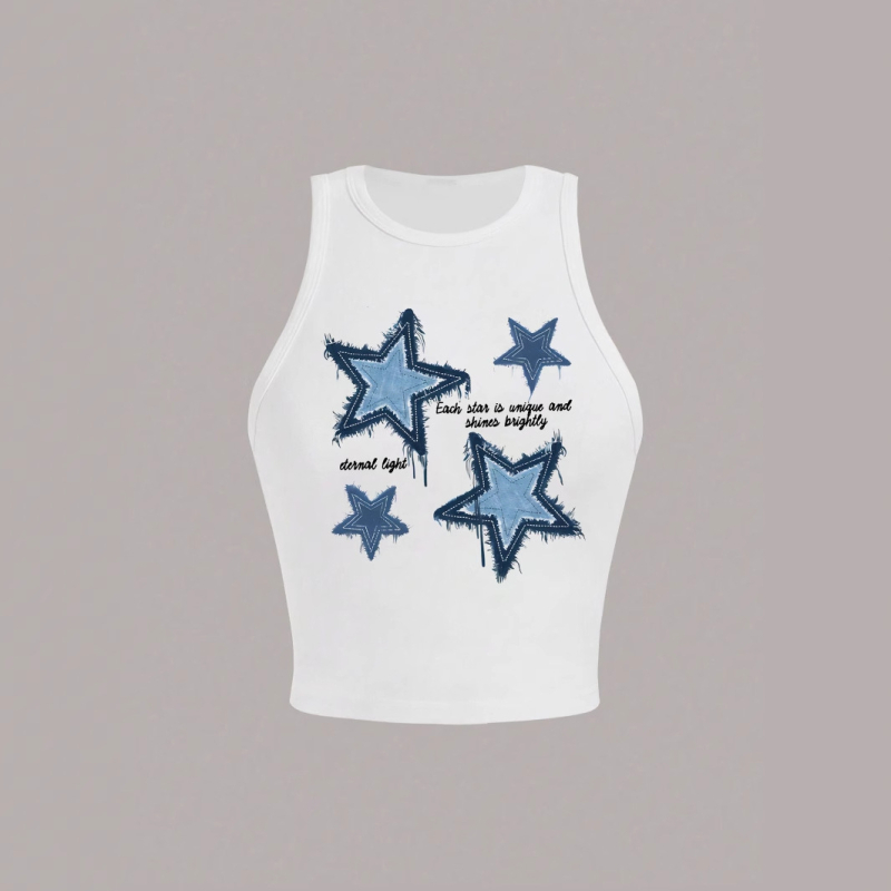 Moteriška laisvalaikio minimalistinė žvaigždės rašto apvalios kaklo aptempta trumpa liemenė vasarai be rankovių „Spice Girl“ liemenė