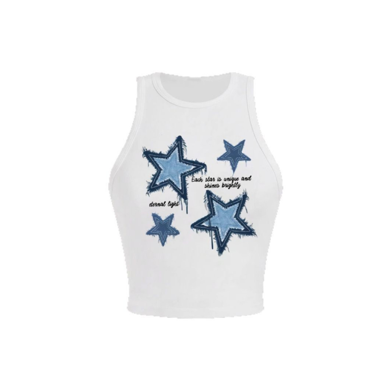 Moteriška laisvalaikio minimalistinė žvaigždės rašto apvalios kaklo aptempta trumpa liemenė vasarai be rankovių „Spice Girl“ liemenė