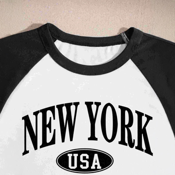 2025 m. nauji europietiški ir amerikietiški, tarpvalstybiniai, madingi trumpomis rankovėmis, kontrastingos spalvos, apvalios iškirptės, raidėmis marginti trumpi, seksualūs mergaitiški marškinėliai.