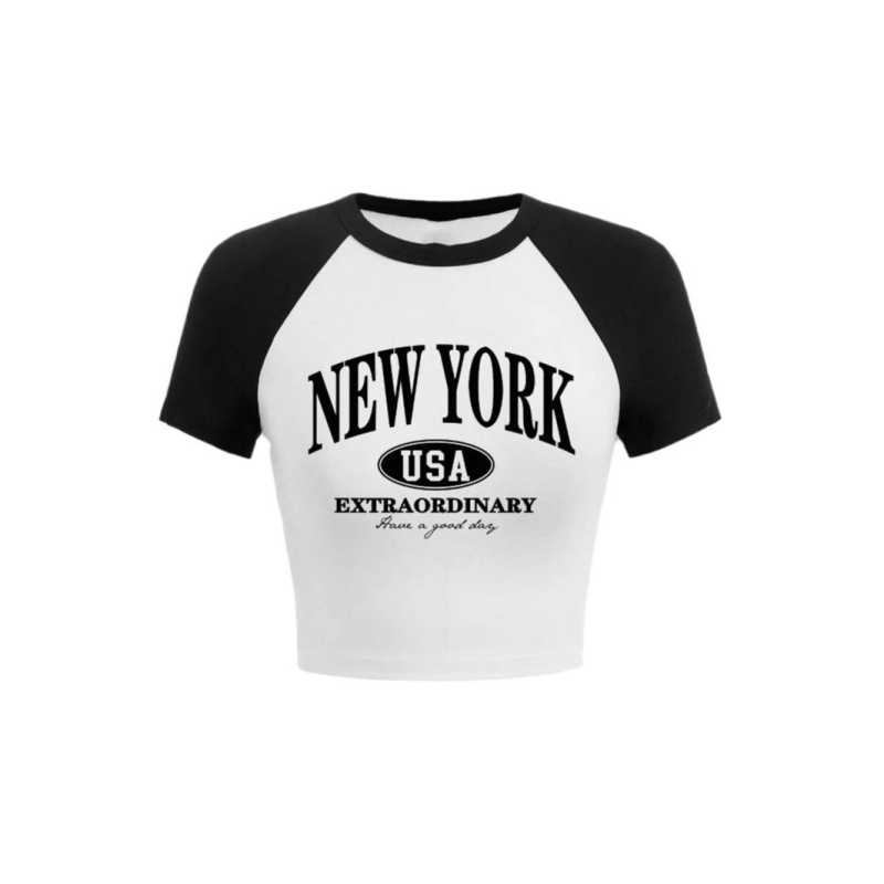 2025 m. nauji europietiški ir amerikietiški, tarpvalstybiniai, madingi trumpomis rankovėmis, kontrastingos spalvos, apvalios iškirptės, raidėmis marginti trumpi, seksualūs mergaitiški marškinėliai.