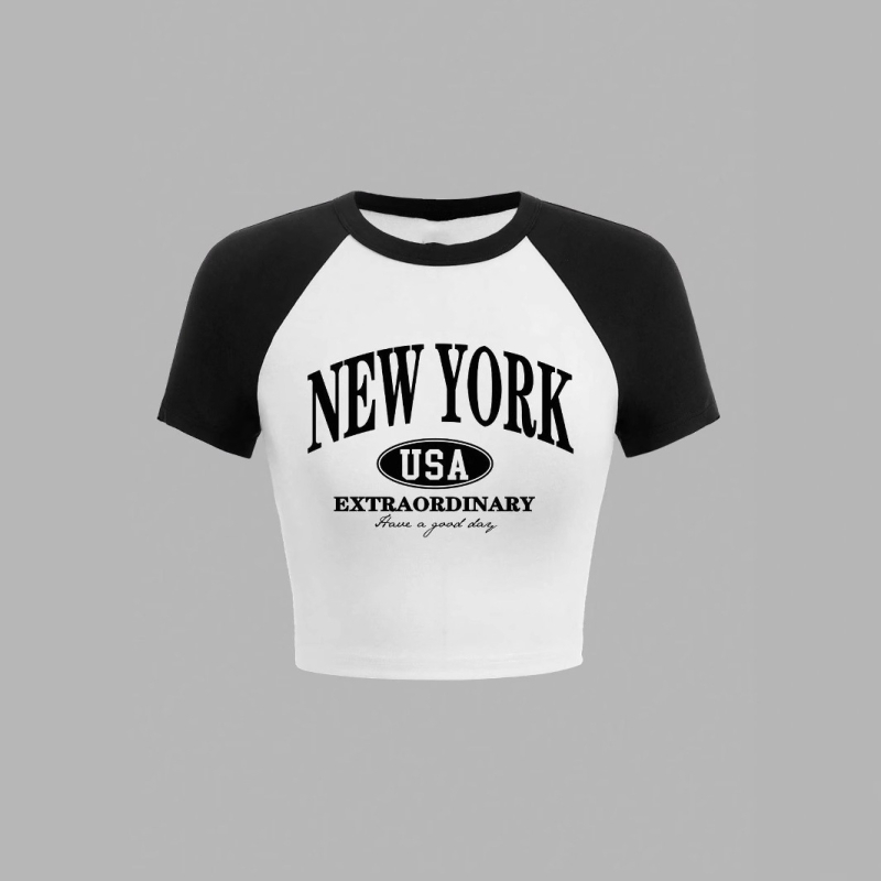 2025 m. nauji europietiški ir amerikietiški, tarpvalstybiniai, madingi trumpomis rankovėmis, kontrastingos spalvos, apvalios iškirptės, raidėmis marginti trumpi, seksualūs mergaitiški marškinėliai.