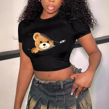 AC938 Europos ir Amerikos tarpvalstybiniai moteriški gatvės mados tendencijų marškinėliai su bambos animacinių filmukų raštu, laisvalaikio apvalios kaklo iškirptės raštu.