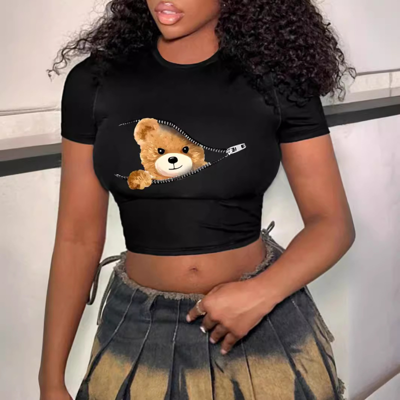 AC938 Europos ir Amerikos tarpvalstybiniai moteriški gatvės mados tendencijų marškinėliai su bambos animacinių filmukų raštu, laisvalaikio apvalios kaklo iškirptės raštu.