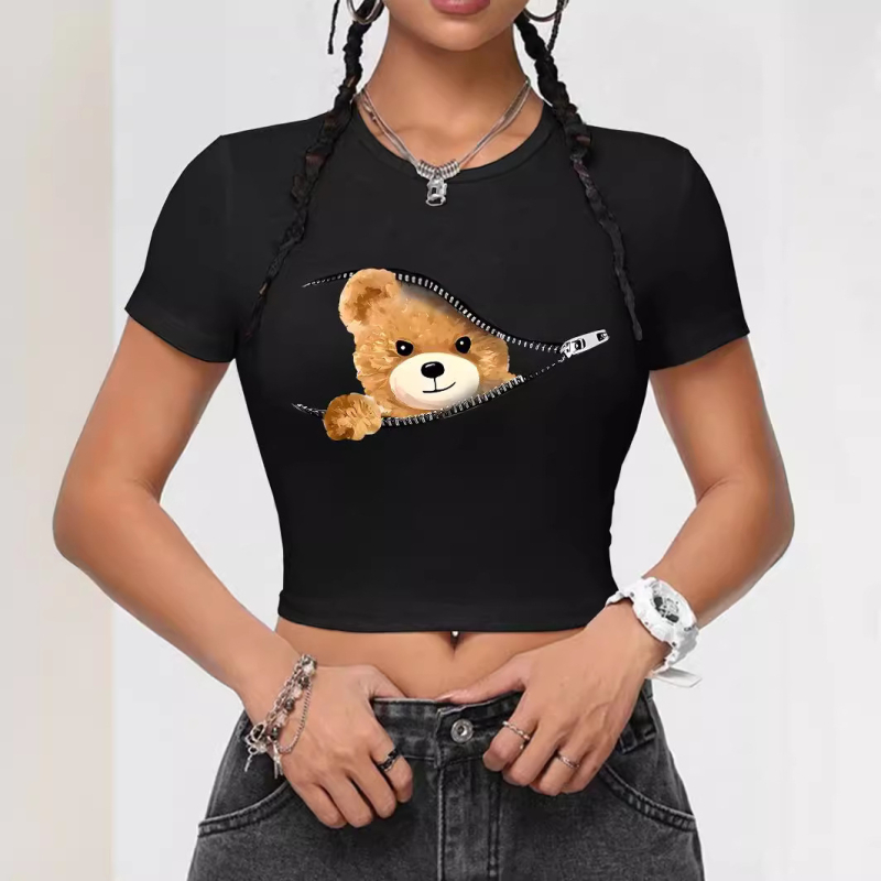 AC938 Europos ir Amerikos tarpvalstybiniai moteriški gatvės mados tendencijų marškinėliai su bambos animacinių filmukų raštu, laisvalaikio apvalios kaklo iškirptės raštu.