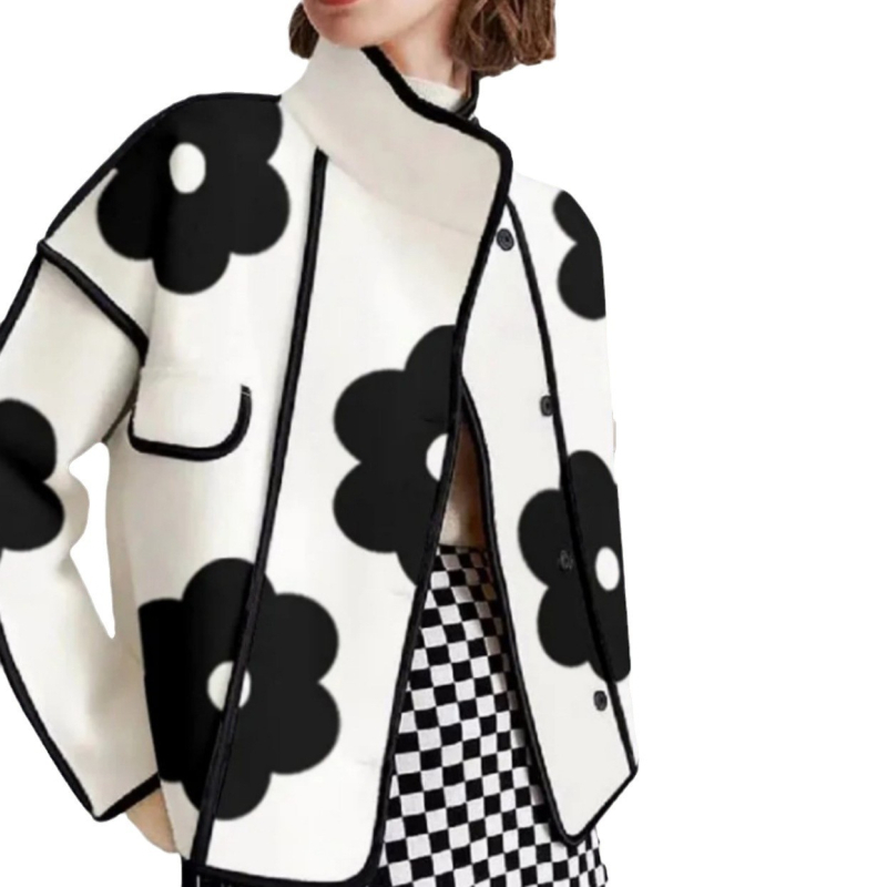 2025. aasta Euroopa ja Ameerika Amazoni pikkade varrukatega lahtise kontrastvärvi lilleprindiga trükitud lõhestatud kraega jakk, millel on villane jakk