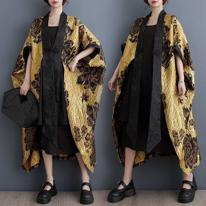 2024 tavaszi új kínai stílusú virágmintás jacquard lezser plus size denevérujjas kardigán, színben illő kabát