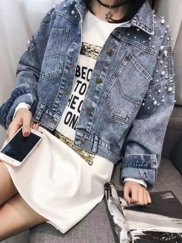 Jachetă din denim cu mărgele groase pentru primăvară 2025, stil coreean slăbit cu crăpături, top versatil cu mâneci tip liliac