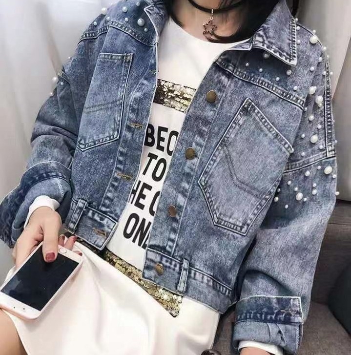Jachetă din denim cu mărgele groase pentru primăvară 2025, stil coreean slăbit cu crăpături, top versatil cu mâneci tip liliac