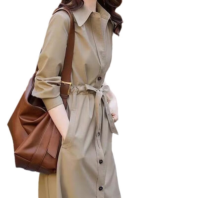 2025 m. pavasario ir rudens naujas madingas amžių mažinantis elegantiškas vidutinio ilgio moteriškas lietpaltis su raišteliu surišamu juosmeniu, liekninantis, vieneilis moteriškas švarkelis