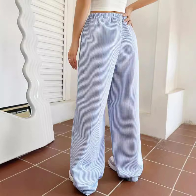 Prekogranične japanske i korejske ležerne ženske hlače s elastičnim strukom i širokim nogavicama, prugaste ležerne ravne hlače