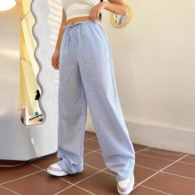 Prekogranične japanske i korejske ležerne ženske hlače s elastičnim strukom i širokim nogavicama, prugaste ležerne ravne hlače