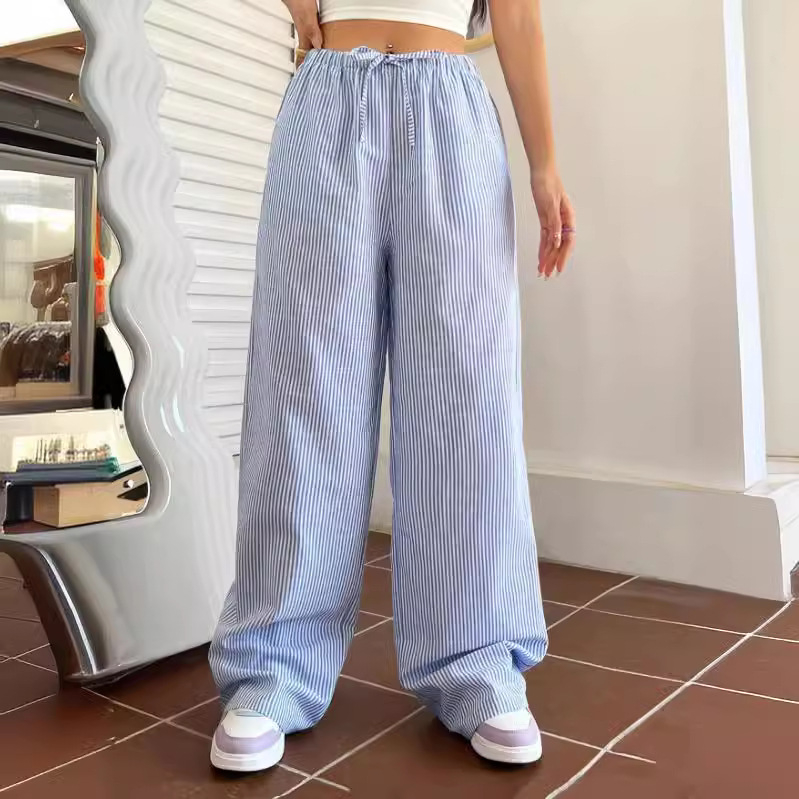 Prekogranične japanske i korejske ležerne ženske hlače s elastičnim strukom i širokim nogavicama, prugaste ležerne ravne hlače