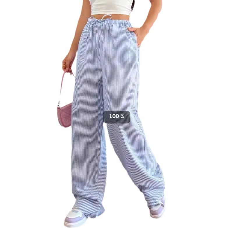 Prekogranične japanske i korejske ležerne ženske hlače s elastičnim strukom i širokim nogavicama, prugaste ležerne ravne hlače