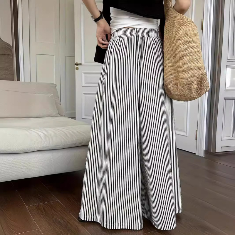 Ženske hlače za ljeto 2024. opuštenog i ležernog stila, prugaste elastične struke, široke hlače do poda koje čine da noge izgledaju duže